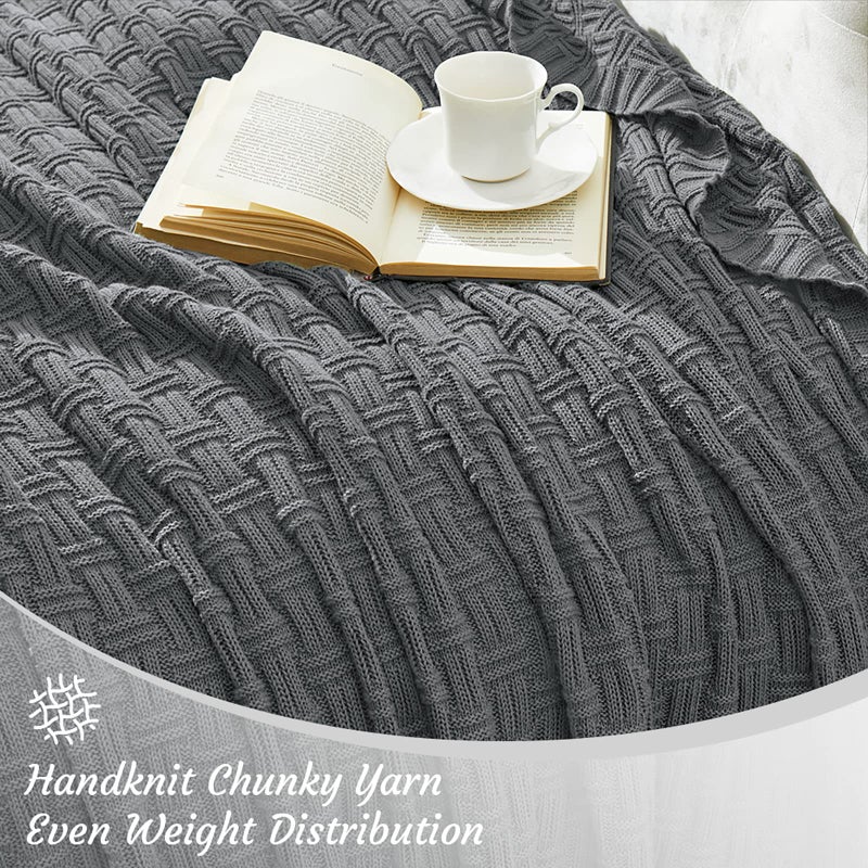 TREELY 100% Cotton Knitted Throw Blanket Couch Cover Blanket(50 x 60 Inches, Dark Grey) - Image 5